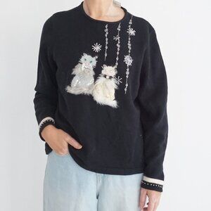 Vintage Samantha Carol Black Cats Snowflake Beaded Festive Cotton Sweater XL